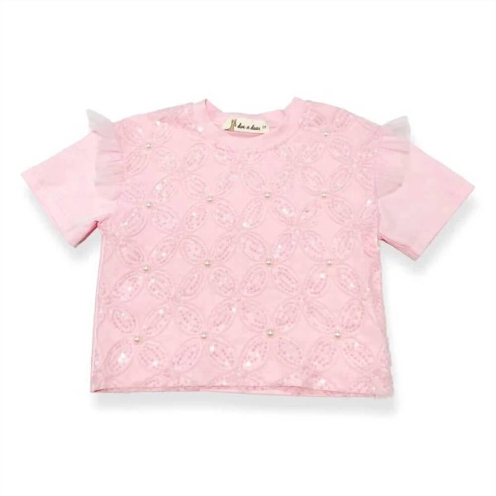 NEW DOE A DEAR kid's sequin floral mesh tee in pink